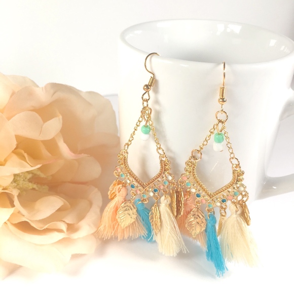 Boho Fringe Bead Leaf Tassel Dangle Earrings - Picture 1 of 3